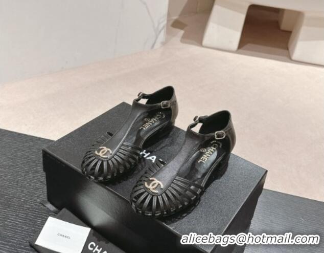 Luxurious Chanel Lambskin Roman Flat Sandals Black 603048