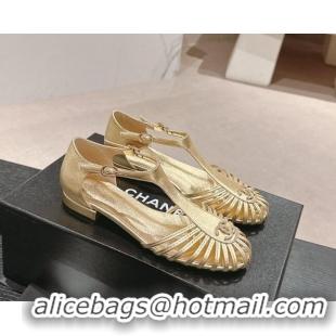 Good Quality Chanel Lambskin Roman Flat Sandals Gold 603049