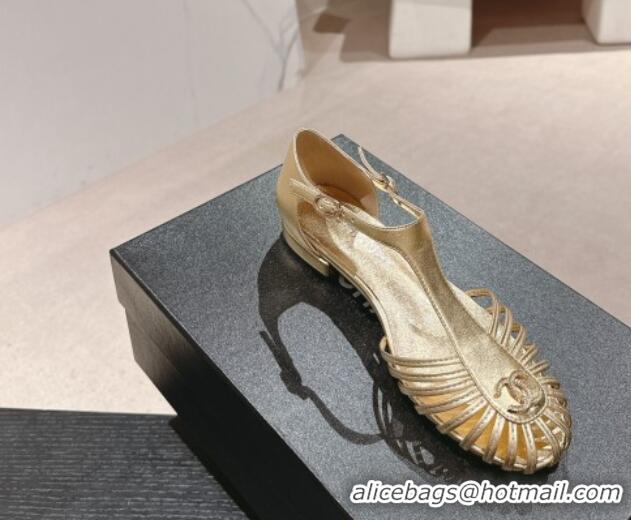 Good Quality Chanel Lambskin Roman Flat Sandals Gold 603049