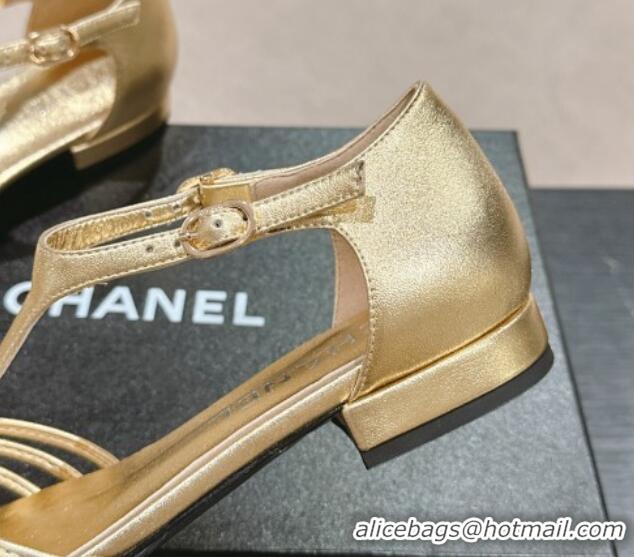 Good Quality Chanel Lambskin Roman Flat Sandals Gold 603049