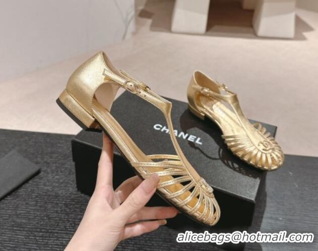 Good Quality Chanel Lambskin Roman Flat Sandals Gold 603049