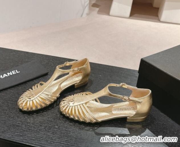 Good Quality Chanel Lambskin Roman Flat Sandals Gold 603049