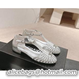 Good Looking Chanel Lambskin Roman Flat Sandals Silver 603050