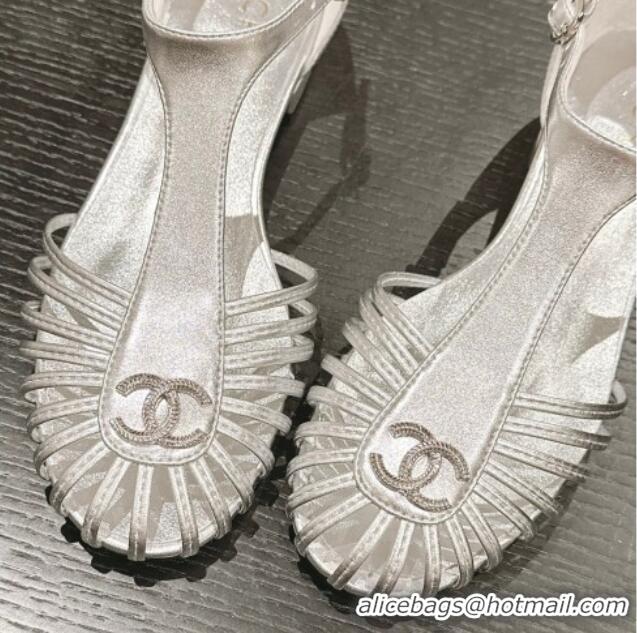 Good Looking Chanel Lambskin Roman Flat Sandals Silver 603050