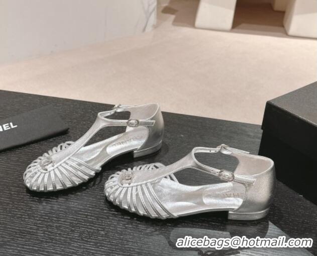 Good Looking Chanel Lambskin Roman Flat Sandals Silver 603050