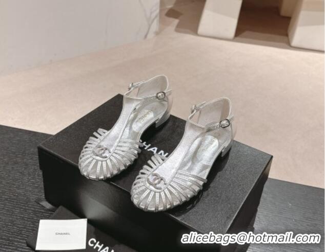 Good Looking Chanel Lambskin Roman Flat Sandals Silver 603050