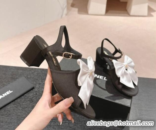 Unique Style Chanel Silk Heel Sandals 6cm with Maxi Bow Black/White 603051