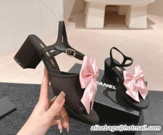 Best Product Chanel Silk Heel Sandals 6cm with Maxi Bow Black/Pink 603052