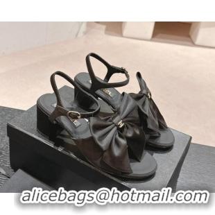 Popular Style Chanel Silk Heel Sandals 6cm with Maxi Bow All Black 603053