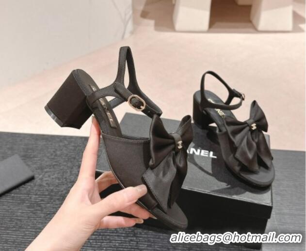 Popular Style Chanel Silk Heel Sandals 6cm with Maxi Bow All Black 603053