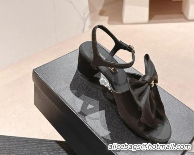 Popular Style Chanel Silk Heel Sandals 6cm with Maxi Bow All Black 603053