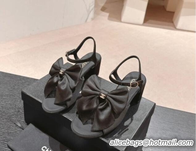 Popular Style Chanel Silk Heel Sandals 6cm with Maxi Bow All Black 603053