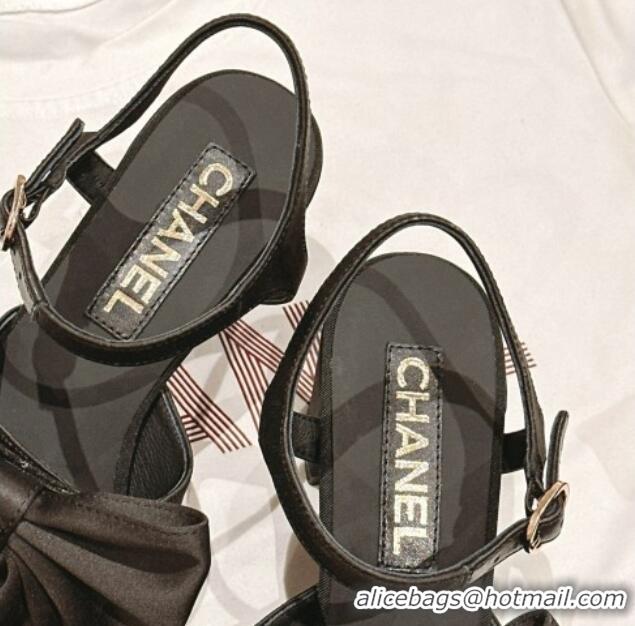 Popular Style Chanel Silk Heel Sandals 6cm with Maxi Bow All Black 603053