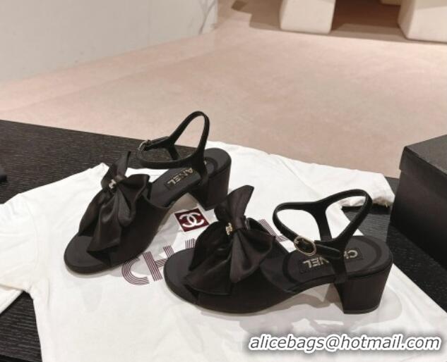 Popular Style Chanel Silk Heel Sandals 6cm with Maxi Bow All Black 603053