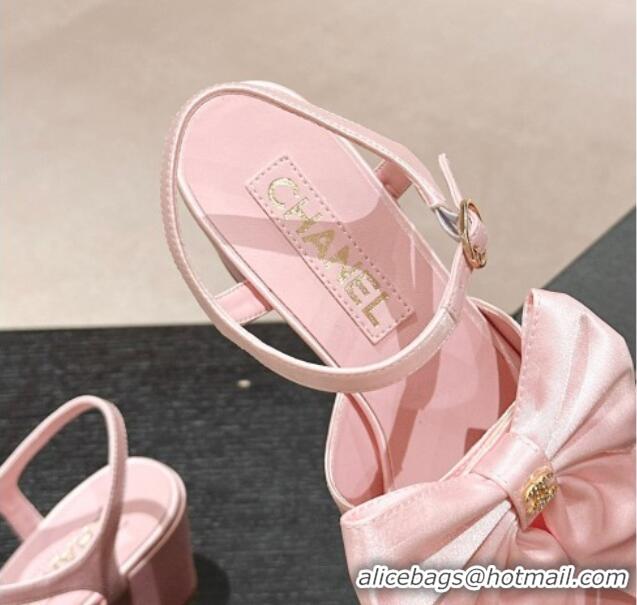 Top Design Chanel Silk Heel Sandals 6cm with Maxi Bow Light Pink 603054