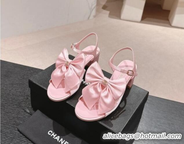 Top Design Chanel Silk Heel Sandals 6cm with Maxi Bow Light Pink 603054