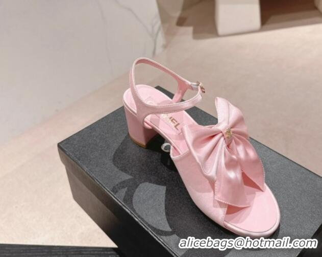 Top Design Chanel Silk Heel Sandals 6cm with Maxi Bow Light Pink 603054