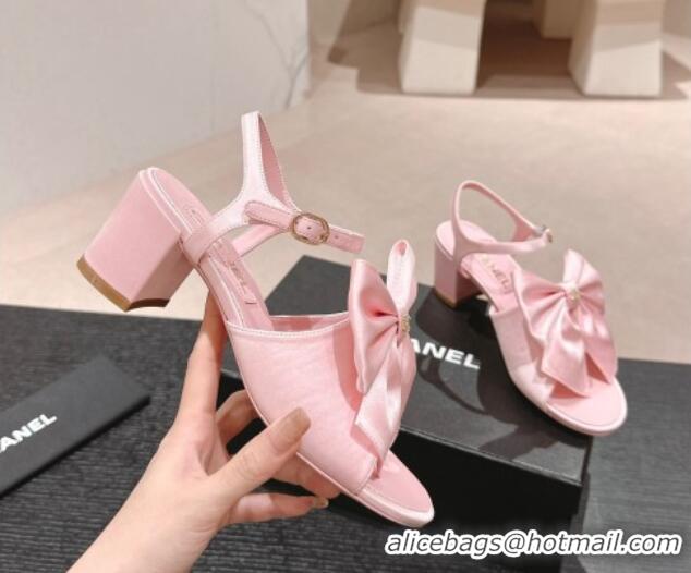 Top Design Chanel Silk Heel Sandals 6cm with Maxi Bow Light Pink 603054