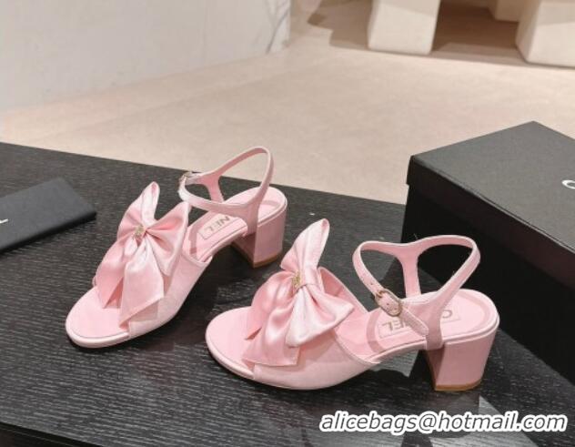 Top Design Chanel Silk Heel Sandals 6cm with Maxi Bow Light Pink 603054