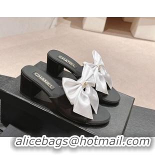 Top Grade Chanel Silk Heel Slides Sandal 6cm with Maxi Bow Black/White 603056