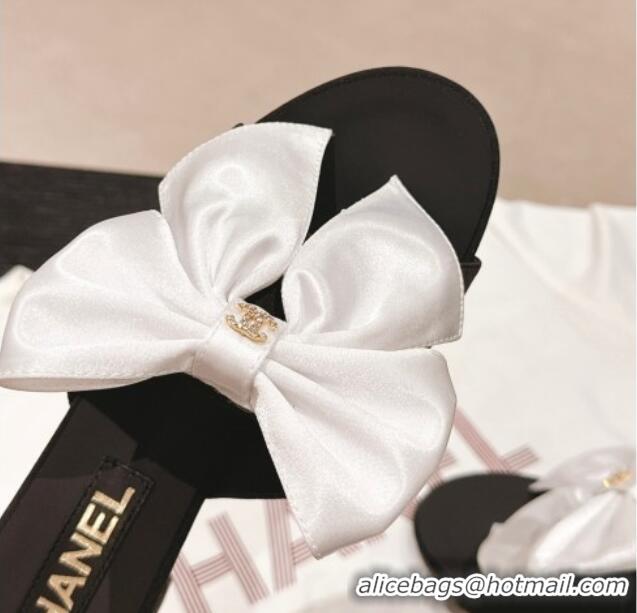 Top Grade Chanel Silk Heel Slides Sandal 6cm with Maxi Bow Black/White 603056