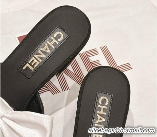 Top Grade Chanel Silk Heel Slides Sandal 6cm with Maxi Bow Black/White 603056