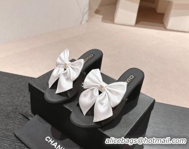 Top Grade Chanel Silk Heel Slides Sandal 6cm with Maxi Bow Black/White 603056