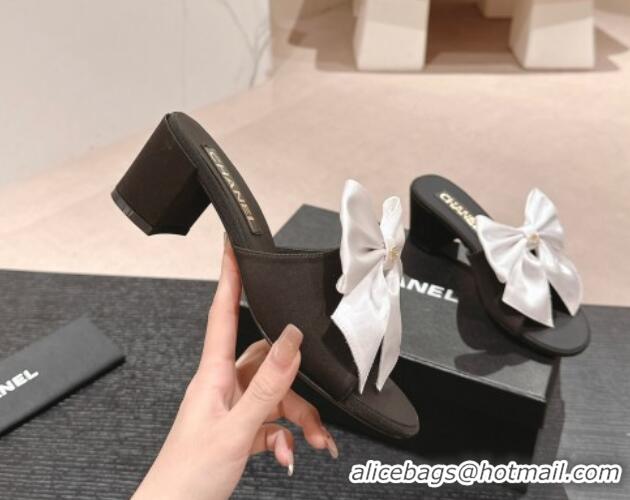 Top Grade Chanel Silk Heel Slides Sandal 6cm with Maxi Bow Black/White 603056