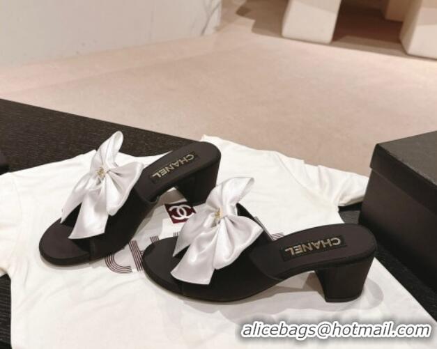 Top Grade Chanel Silk Heel Slides Sandal 6cm with Maxi Bow Black/White 603056