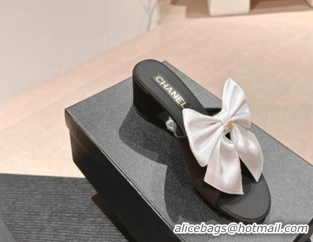 Top Grade Chanel Silk Heel Slides Sandal 6cm with Maxi Bow Black/White 603056