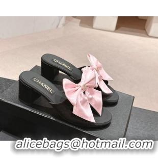 Pretty Style Chanel Silk Heel Slides Sandal 6cm with Maxi Bow Black/Pink 603057