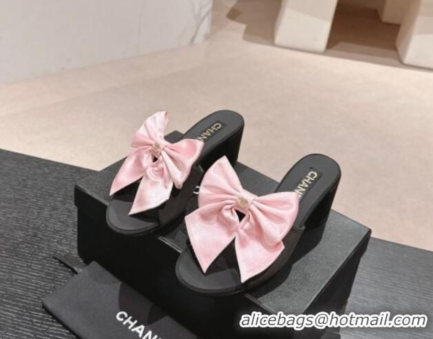 Pretty Style Chanel Silk Heel Slides Sandal 6cm with Maxi Bow Black/Pink 603057