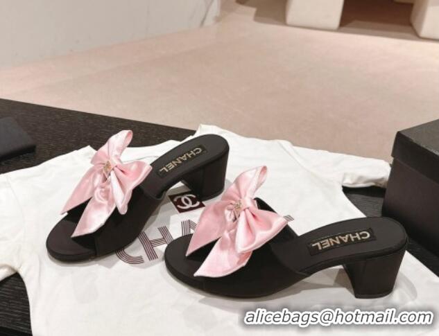 Pretty Style Chanel Silk Heel Slides Sandal 6cm with Maxi Bow Black/Pink 603057