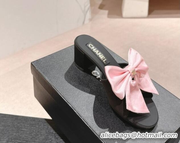 Pretty Style Chanel Silk Heel Slides Sandal 6cm with Maxi Bow Black/Pink 603057