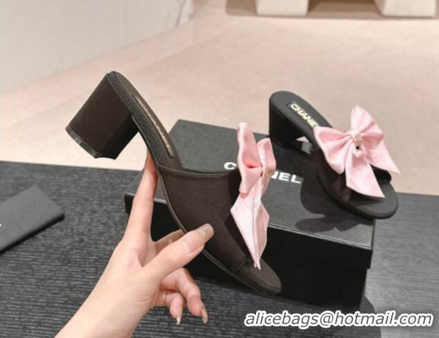 Pretty Style Chanel Silk Heel Slides Sandal 6cm with Maxi Bow Black/Pink 603057