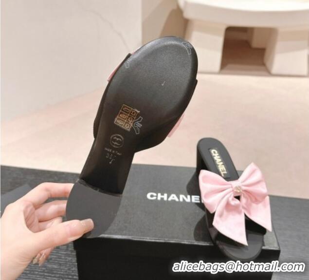 Pretty Style Chanel Silk Heel Slides Sandal 6cm with Maxi Bow Black/Pink 603057