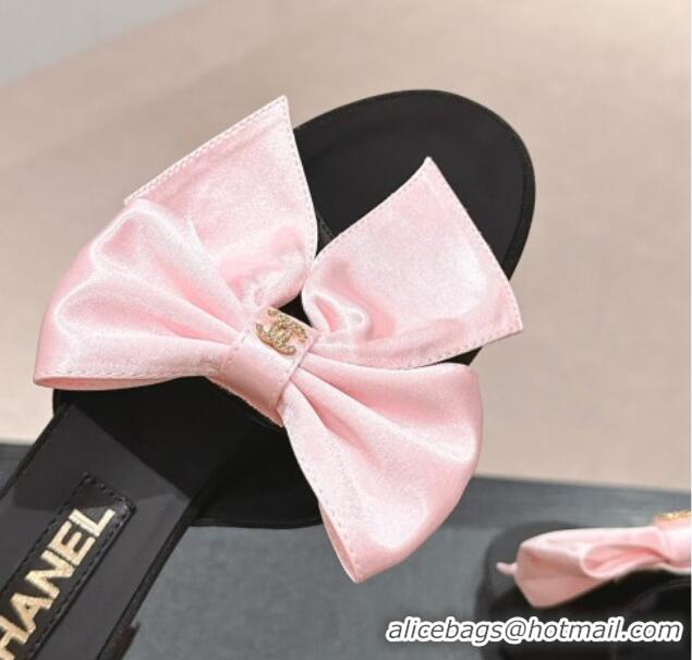 Pretty Style Chanel Silk Heel Slides Sandal 6cm with Maxi Bow Black/Pink 603057