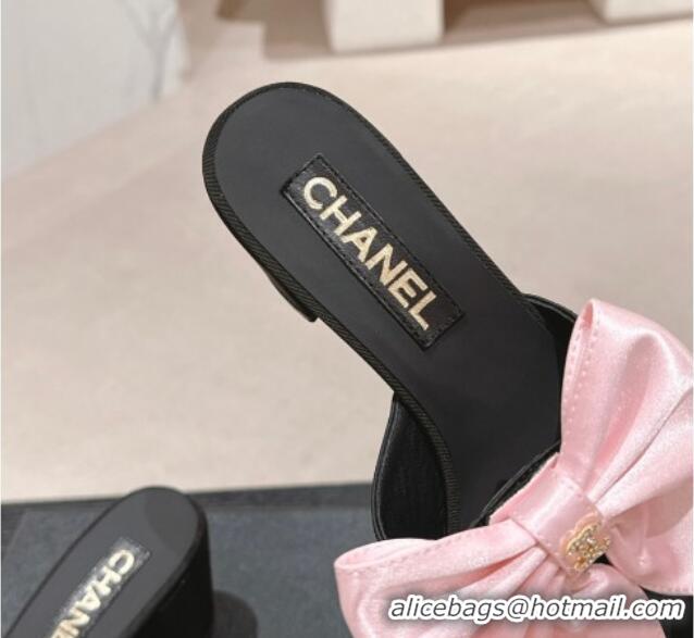 Pretty Style Chanel Silk Heel Slides Sandal 6cm with Maxi Bow Black/Pink 603057