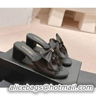 Purchase Chanel Silk Heel Slides Sandal 6cm with Maxi Bow All Black 603058