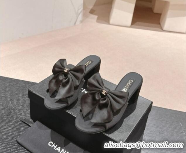 Purchase Chanel Silk Heel Slides Sandal 6cm with Maxi Bow All Black 603058