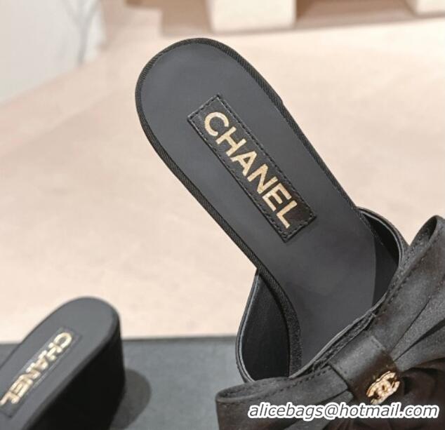 Purchase Chanel Silk Heel Slides Sandal 6cm with Maxi Bow All Black 603058