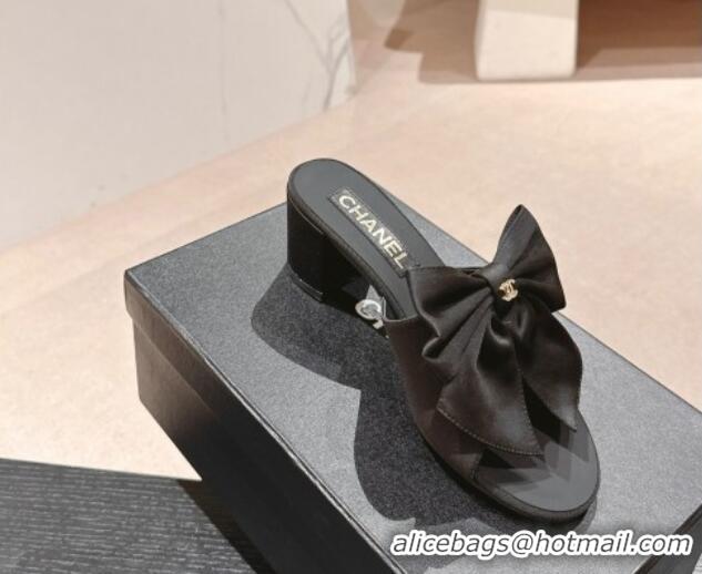 Purchase Chanel Silk Heel Slides Sandal 6cm with Maxi Bow All Black 603058