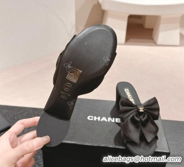 Purchase Chanel Silk Heel Slides Sandal 6cm with Maxi Bow All Black 603058