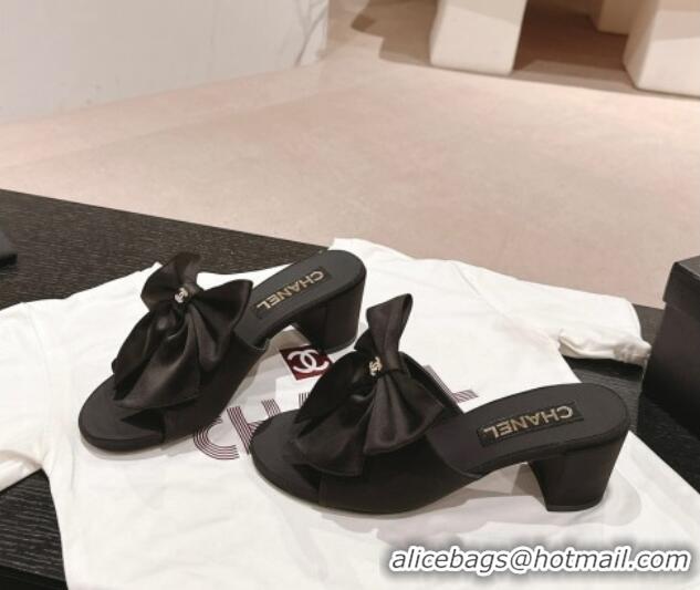 Purchase Chanel Silk Heel Slides Sandal 6cm with Maxi Bow All Black 603058