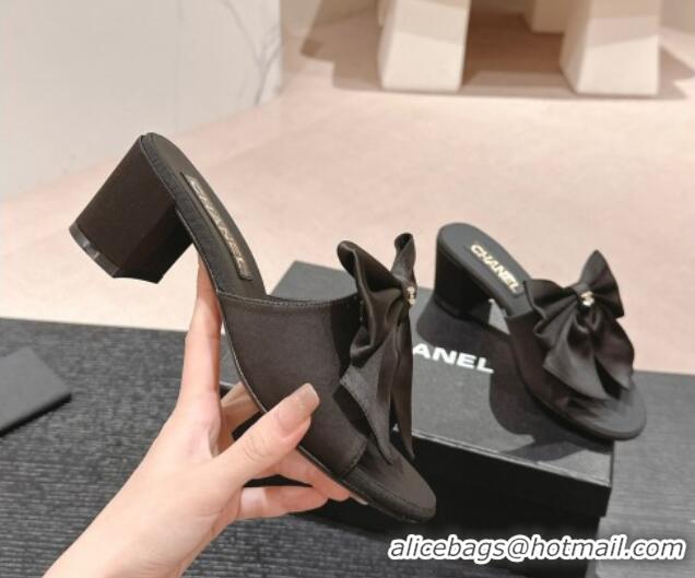 Purchase Chanel Silk Heel Slides Sandal 6cm with Maxi Bow All Black 603058