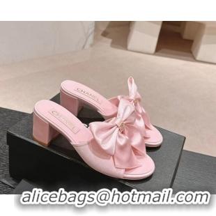 Good Quality Chanel Silk Heel Slides Sandal 6cm with Maxi Bow Light Pink 603060