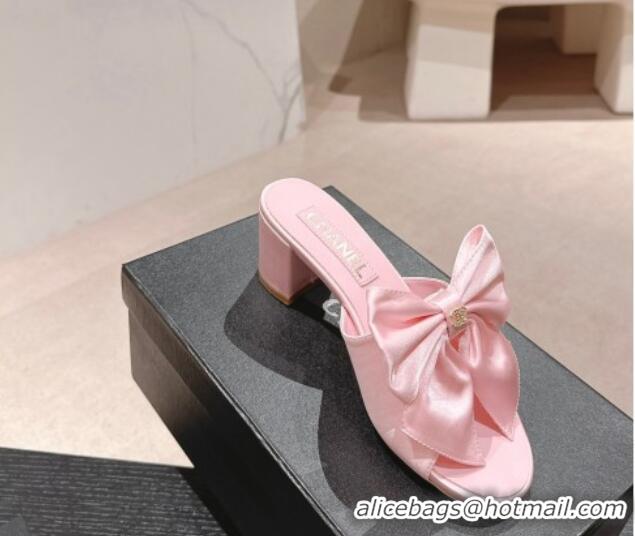 Good Quality Chanel Silk Heel Slides Sandal 6cm with Maxi Bow Light Pink 603060