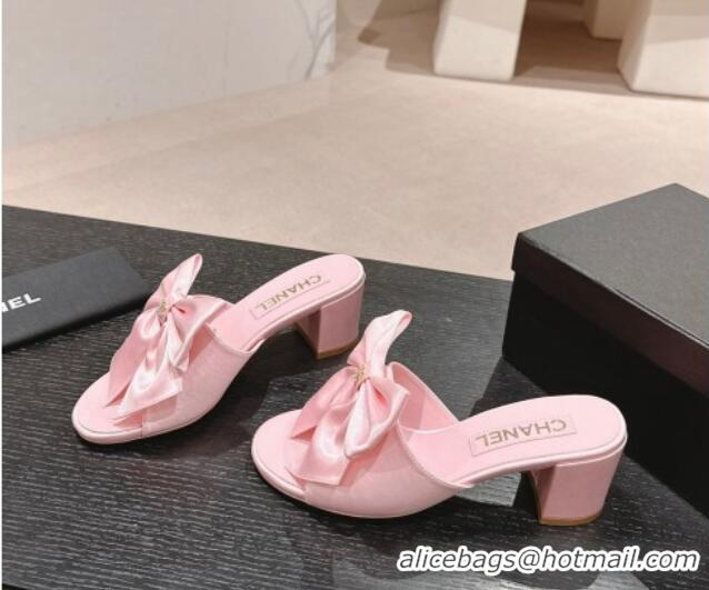 Good Quality Chanel Silk Heel Slides Sandal 6cm with Maxi Bow Light Pink 603060