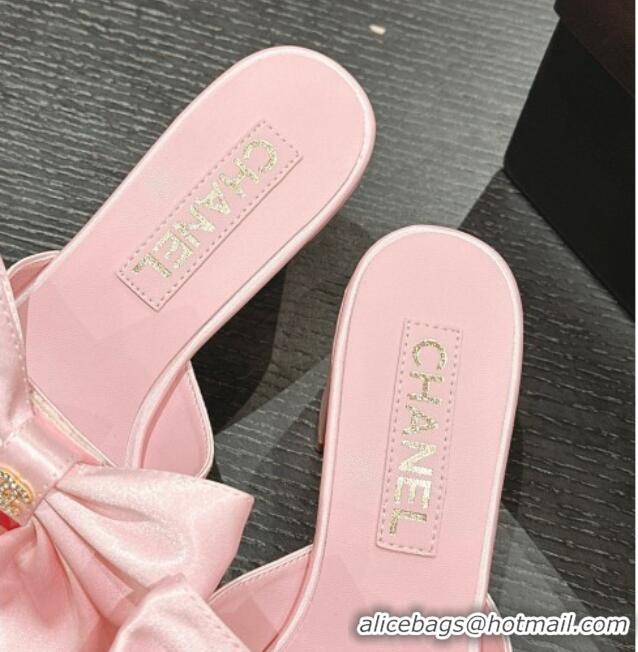 Good Quality Chanel Silk Heel Slides Sandal 6cm with Maxi Bow Light Pink 603060