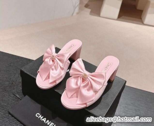 Good Quality Chanel Silk Heel Slides Sandal 6cm with Maxi Bow Light Pink 603060